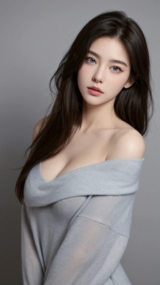 top quality、masterpiece、Super high resolution、(realistic:1.5)、original photo、skin tight black top:1.2, looking at viewer, movie lights, Perfect, soft light, high resolution skin:1.2, realistic skin texture, 30 year old mature woman、small face、natural makeup, off shoulder, see through, exposed cleavage, blue eyes, long hair,dark brown hair、Breasts B cup,gray background, whole body, model pose