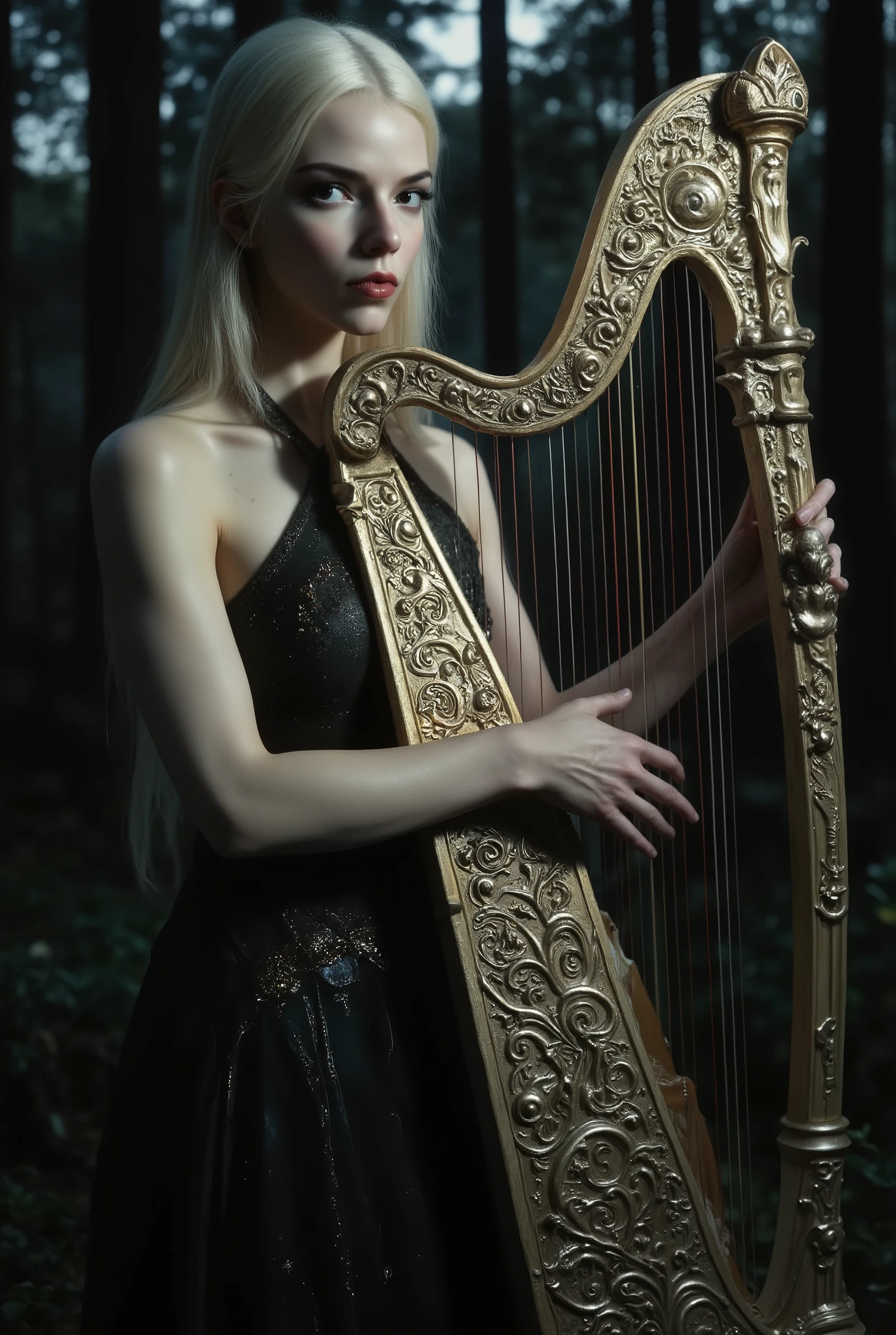 incredibly beautiful elf girl plays a luxurious harp at night in the forest, she is naked, open armpits, open sides of the waist, open sides of the hips and slender legs, the neckline of the dress goes down almost to the navel and exposes the Linea alba of a toned stomach, small breasts, small buttocks, perfect fitness body, long white hair, she has a mesmerizing look, dark eyes with highlights, sensual facial expression, detailed face, very detailed skin texture, very realistic pale skin with vellus hair and small moles, the moonlight shines on her naked body, anatomically correct, natural light skin tone, dynamic pose, the harp with carved patterns and gilding looks exquisite and majestic, a fog spreads through the night forest through which rays of light break through, dark ethereal environment, dark fantasy, mystical fairytale atmosphere, dramatic shadows, dramatic lighting, swirling mist, balanced exposure, high quality, photorealism, masterpiece, professional photography, intricate details,