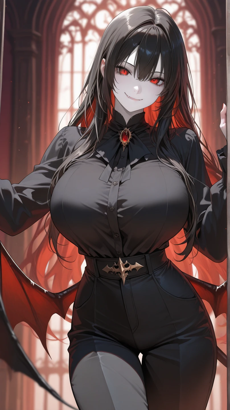 1girl,solo,super detailed skin,shiny skin,seductive smile,majestic vampire wings, bloody skin,multicolored skin,vampire,fangs,glowing eyes,eyelashes ,large breasts,beautifully shaped breasts,vampire clothes,vibrant colors ,standing,office,masterpiece,best quality,ultra detailed,high resolution,sharp focus,depth of field