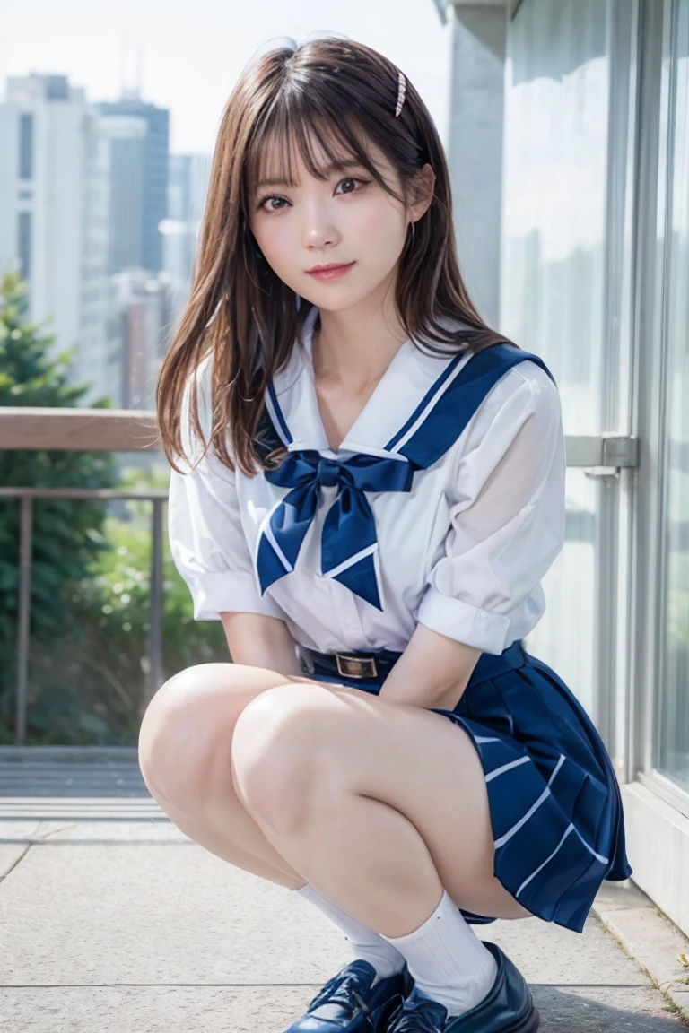 ulzzang -6500-v1.1, (raw photo:1.2), (photo realistic), highly detailed beautiful girl, (realistic:1.4), very detailed eyes and face, beautiful detailed eyes, japanese school uniform, school uniform, (super realistic pantyhose:1.2), no shoes, toes, Large file size, high resolution, very detailed, best quality, [masterpiece:1. 6], illustration, very detailed, nffsw, detailed, best quality, 8k wallpaper, movie lighting, one girl, 17 years old, perfect figure, cute droopy eyes, beautiful big eyes, eyes, ((masutepiece )), best quality, 1 girl, eyeshadow, upper body, portrait, ((FULL BODYSHOT:1.5)),.