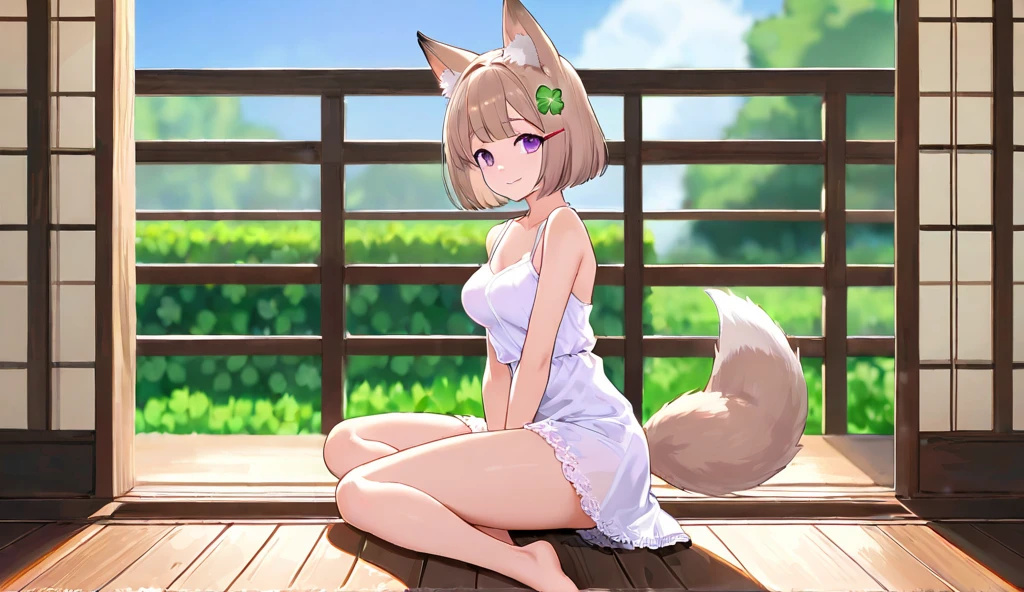 (tmasterpiece,Highest high resolution,8k wallpaper,Highest drawing quality),1girll,Solo,(Huge fox tail),Brown hair long,Green eyes,Small flower headdress,21-year-old college student_C cup,Modern architecture, On The Home,Girl doing exercise on yoga mat_Girls do flexibility exercises,Wear a sexy white sports vest_Sexy sports shorts,Under the sun,