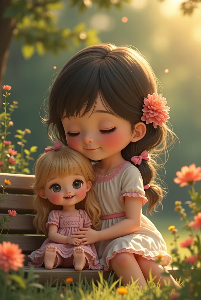 Baby girl cute child, beautiful little eyes, stunning hair, beautiful smile, happiness, looking at a beautiful little flower, image with a high quality, sparkles in detail --auto