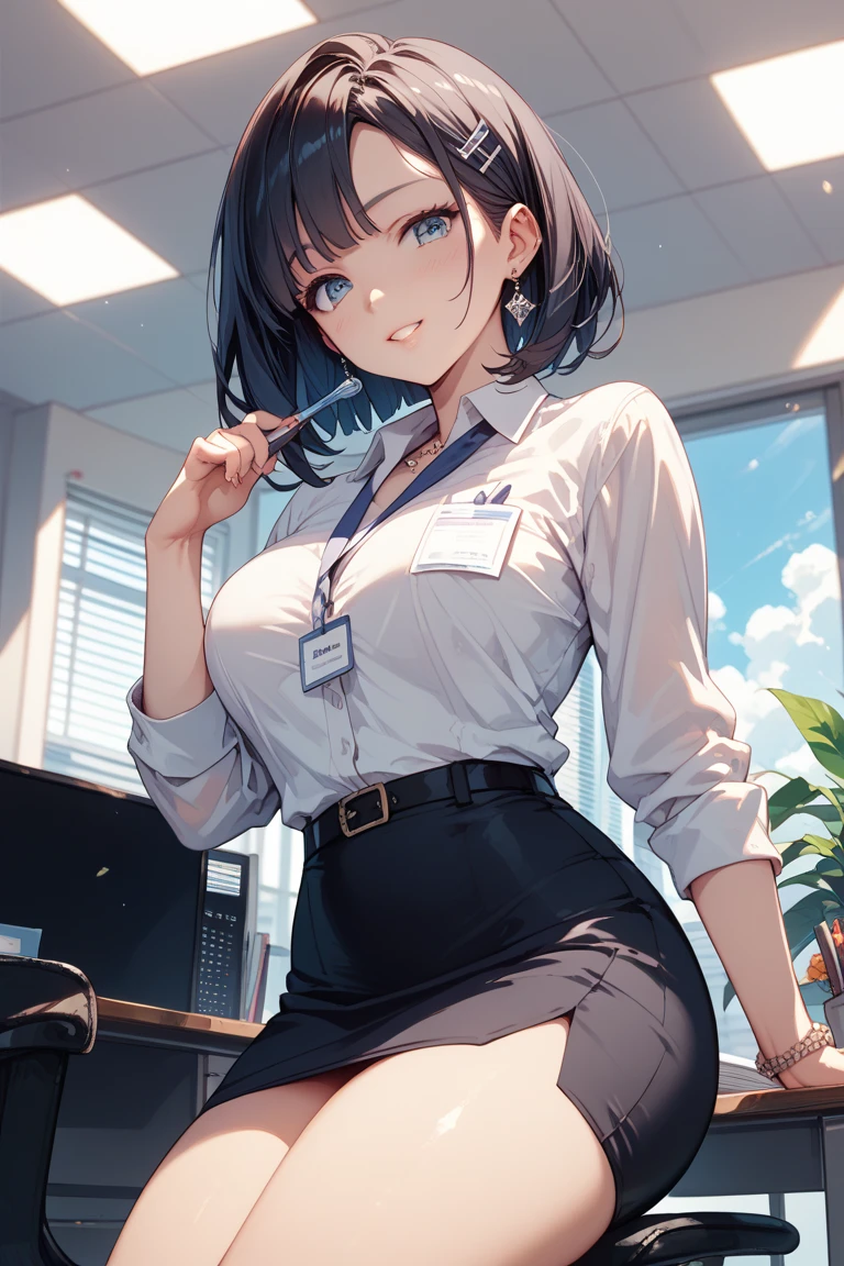 ((highest quality)), ((masterpiece)), ((High resolution)), ((Perfect Face)),office,Adult female,career woman,((Very small breasts)),((Small breasts)),business_blouse,Open collar,Chest turbulence,skinny pants,Short Bob,Black Hair,A confident smile,whole body,