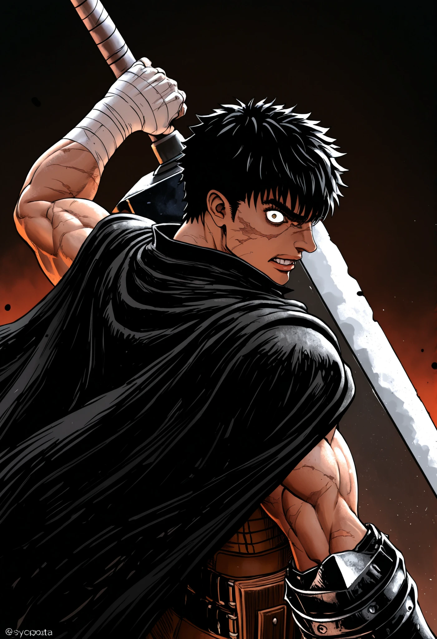 very far away view, Masterpiece, High resolution, Absurds, The newest, mid-side view, 1 , \(berserk\),capa negra,black cloak on the back,armadura leather,blade belt,leather,bandages on the hand,metallic arm,metal prosthesis, Muscular, looking at the viewer, darkness \(expression\), Risa sycopata, crazy face, Lips, Nose, scar, short hair, black hair, dynamic pose,movimiento dinamico con la sword, sword al hombro, upper body, (huge sword, huge weapon:1.2), (Dragon Hunter \(sword\):1.2),Male male ,male approach,Gatsu de Berserk