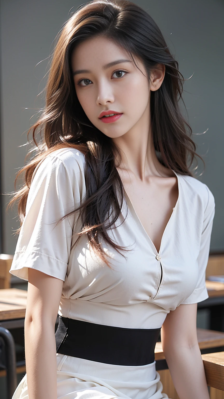 (high resolution, 8K, Masterpiece, Only the best quality, complicated details, Chromatic aberration), realistically, ((small breasts)), hair in one eye, purple eyes, Dark sharp eyes, Double eyelids , Round silver earrings measuring 6 inches across the ear., Diamond Choker, red gemstone necklace, medium sized silver necklace, bracelet, bangle, index finger diamond ring, thumb, little finger ring, small watch leather strap, Anklet, Waist necklace,stilettos, (symmetrical eyes), (perfectly symmetrical body;), Photo of a 21 year old teenage girl., very beautiful, (Fittings, mannequin), Beautiful and charming with contemporary fashion paintings., Looking at the viewer, the close-up photos begin to show the knees., Facing Out, ((in the background of the room,lamp,curtain,photograph)), (black short skirt) , ((The young woman wore a white short-sleeved shirt., Open your neck wide, Deep cleavage, open chest, Unbutton your shirt., Open your shirt., Revealing separate breasts)), (( black short skirtง, Sitting with legs open)), Square head leather belt, ((Put your hands down.)), (((Golden brown bob hair, Medium length curly hair, bangs to the side, Golden blonde brown hair))), (Sharp eyeliner, eye shadow, smile, pink cheek blush, Thick eyelashes, Curly eyelashes, The eyelashes are very delicate and beautiful., Beautiful mouth, Thin lips, red lips, The corners of the mouth are raised., Sharp focus, sitting on the table, legs apart, Lift one leg higher than the other., ((small breasts)), ((small breast,Sagging breast))