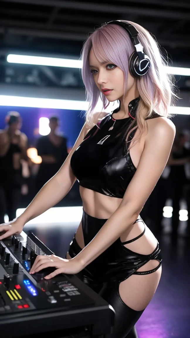 medium shot of the bust of a futuristic heavy metal girl, cyberpunk, extremely pretty, from northern Europe, full makeup, blue-gray eyes, long eyelashes, very defined iris, attention to detail of the eyes, very curly dark hair with white gray hair disheveled and very long that falls over her enormous tits and shoulders, headphones on her head with blue LEDs, thick and pink lips, beautiful smile, piercing in her nose and ears, long earrings, very defined skin, she is wearing a black rocker jacket, White fine lace bra, open jacket that reveals huge, anatomically very well-formed tits, very sexy girl, nsfw, bluish highlights in the image, the girl is a prodigy of beauty, anatomically perfect, in a concert hall.