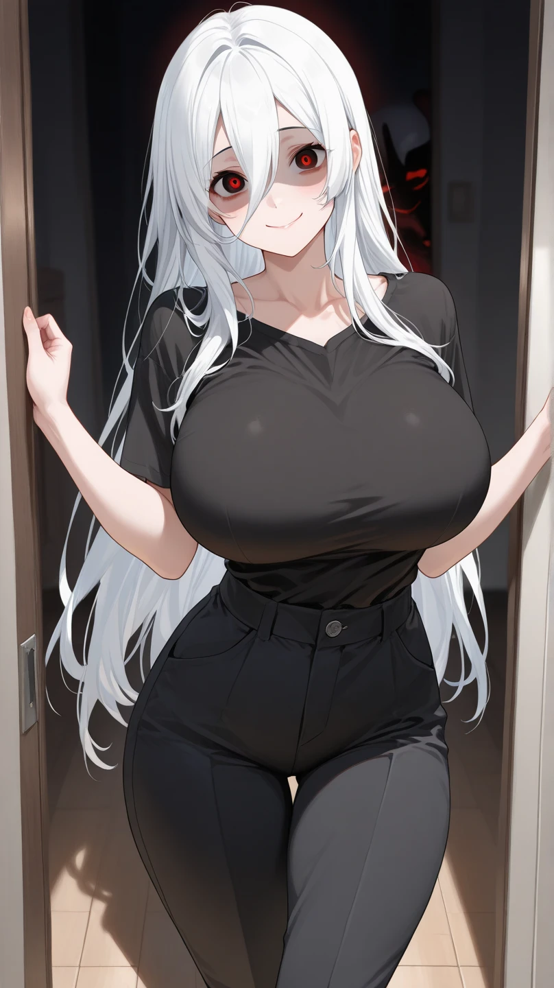 (mesa:1.2), realista, foto de 18 anos、Garota de camisa branca apertada(camisa desabotoada), metade  , melhor qualidade, (seios grandes:1.2), Ombros nus, decote, Nsfw Something?, [[Hands hidden behind the back]], brincos, Camisa completa, gargantilha preta, Sozinho, [sfw]、(Mini shorts jeans danificados、perna alta)、lindas pernas、beautiful abdomen、sente uma cadeira、Olhar de umbigo