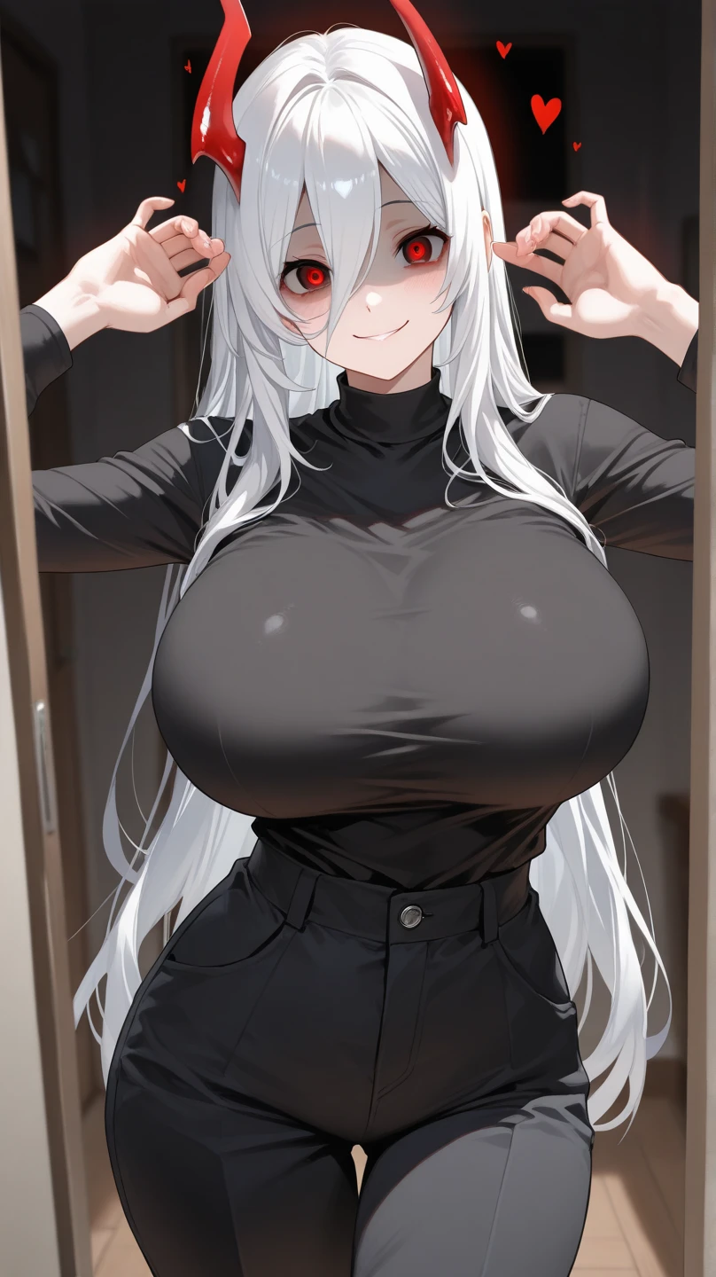 Girls, Bangs, Bare shoulders, Black Pants, breasts, breasts squeezed together, Grey Background, Hair between the eyes, Huge breasts, Long hair, View Viewer, Pants, Parted lips, Red Eyes, Shirt, Background, Sleeveless, Sleeveless shirt, Solo, turtle neck, V arm, White hair,(Shiny skin),(masutepiece:1.4),(Best Quality:1.4),,Facigirl,Red lips,Perfect Abs, nabel, (Nipple: 1.5), (Sheer areola), Nipple, Huge, Sweat,