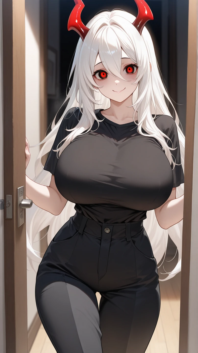 perfect face, shy face, cute expression, (1girl, alone:1.2), ((((light human skin)))), (red eyes), (white hair:1.2), long hair, (black shirt, blue pants), ((standing)), depth of field, (((livingroom))), ((medium boobs, medium arms, small biceps, medium body))
