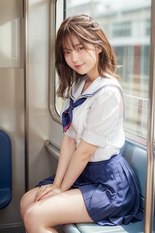 top-quality,ultra-detailliert,masterpiece,realisitic,Photo Real,Bright lighting,1 girl in, an extremely beautiful 17-year-old girl, (kawaii:1.2),Thin smile, (Brown eyes),(brown haired),(bangss),perfect glossy skin,flawless skin,((erotick,Sexy and sexually explicit)),((accurate hands without incongruity)), large full breasts,big breasts thin waist, Look at viewers,((a sailor suit)),((Short sleeve uniform white shirt)),(red necktie),(Blue Mini Pleated Skirt),(((skirt lift by yourself))),(lifted by self),(Showing panties),panties on,panties focus,((Sit up,spread legswide)), sockes, (Black knee socks),(Loafer shoes), during daytime,On the train,Horizontal long seat with your back to the window、The wind flipped her pleated miniskirt, revealing her white lace panties.、Sunset sky、The cityscape at dusk can be seen in the distance、golden hour