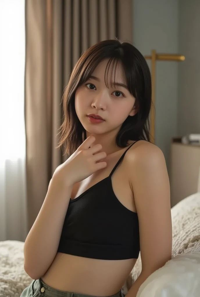 One girl,Sexy pose,Highest quality,masterpiece,figure,Very delicate and beautiful,CG,Unity,8k wallpaper,wonderful,finely詳細に,masterpiece,Official Art, Highest quality, shape, Very detailed, finely, High resolution, 8k wallpaper, 完璧なダイナミックな構shape, finelyて美しい目, Natural lip color, B cup breasts、 whole body、Clear white skin、Ultra-realistic photos、Beautiful clavicle、Trained abdominal muscles、Hotel Bedroom、White gym clothes、On the bed、上面figure、Looking into the camera、I really like it、hug with both hands(:1.3)、i want to kiss you、Eyes that see into the depths of the soul、