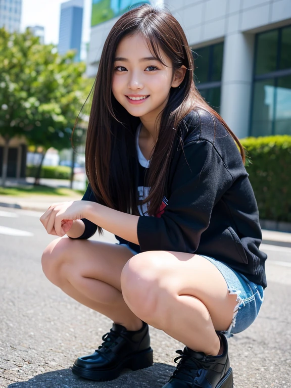 (masterpiece, highest quality:1.2), 8k, Young and beautiful girl, 85mm,Official AR RAW Photos,、Full body depiction、Clothes are big、Show me your ears、photo shoot, Cute Face, Thighs, After-School Classes, Embarrassing、Are standing、Depiction above the knee、smile、No makeup, Film Grain, chromatic aberration, Sharp focus, Face Light, Bright lighting, 20th generation, Detailed face, Background Blur、((((((18 year old high school girl))))))、Tight waist、Sailor suit、cardigan、Navy blue mini skirt、Pull up your skirt with your hands((The private parts are visible))、Facing forward、Spread your legs