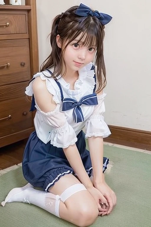 Beautiful girl at 6 years old:1.85,Baby Face:1.85、Ultra-flat chest:1.85、Ultra short height、An innocent smile,cute,Primary school students,Private elementary school uniforms,Summer clothes、clavicle、Lie on your back in bed、Nipples are visible、Blonde、blue eyes
