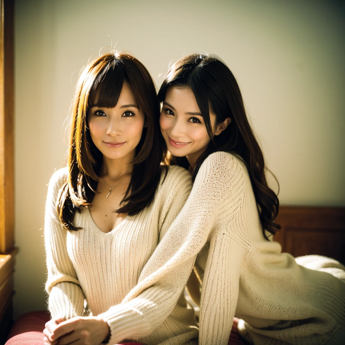 dressed, (photo realistic:1.4), (hyper realistic:1.4), (realistic:1.3),
(smoother lighting:1.05), (Improve the quality of cinematic lighting:0.9), 32K,
Identical twin sisters kissing,20 year old girl, realistic lighting, Backlight, light shines on your face, ray tracing, (bright light:1.2), (Improvement of quality:1.4),
(Highest quality realistic textured skin:1.4), detailed eyes, detailed face,
(Tired, sleepy and happy), (smile:0), close up of face, T-shirt,
(Enhance the mood of your body line:1.1), (Enhances the beauty of skin texture:1.1)
