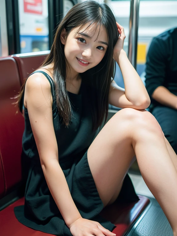highest quality, masterpiece, Ultra-high resolution, (Realistic:1.4), (Close-up portrait) RAW Photos, 1 girl,20-year-old,((Inside the Shinkansen)),((look up)),((Posing with index finger on lips)),,((Jet black hair girl&Ponytail and hair tie)),((High Fashion)),Messy Hair,((Cap Chestnut)),((Short bangs)),Realistic,Image Media Chest)),((Smiling with teeth showing)),((Big smile))