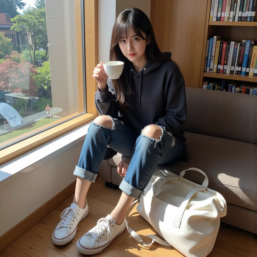 Just one girl with a perfect figure、Thin face and eyes、long hair、hoodie、short jeans、I have my legs crossed、at the cafe、coffee on the table