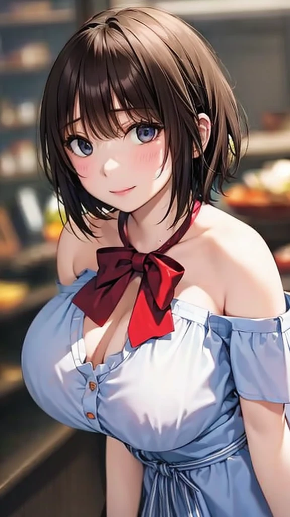hand up,elbows on table,Reisalin Stout,White hat,camisole,Red shorts,choker,Blushing cheeks,Open Mouth Smile,Big Breasts,Plump,Brown eyes,Brown Hair,short hair,cafe,table,shortcake,coffee,1 Girl,master piece , best quality,(high resolution)