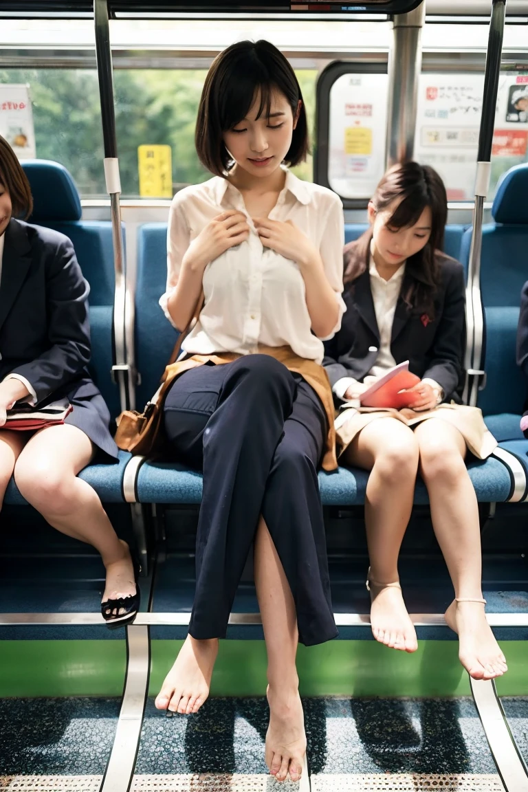 (sitting in a train seat:1.9), (whole body:1.8), (Don't cross your legs:1.8), (Panties are visible: 1.7), (High heels:1.6), Japanese women, Facing forward, Knees are visible, pantyhose, mini skirt, Random clothing color, Stunning proportions, Highest quality, big thick legs, Big long legs, massive legs, Plus Size, Legs are prominent, 16K resolution, Highest quality, Realistic, photo Realistic