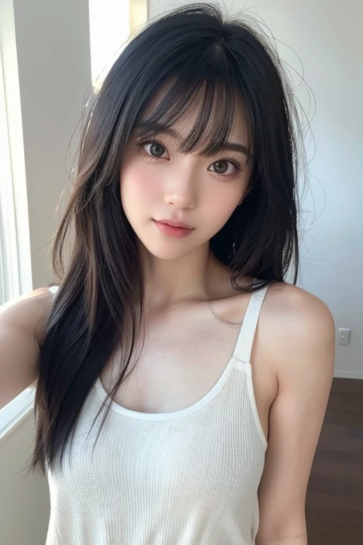 Melhor qualidade, , black hair, long hair, baby face, pequena, linda, sorrindo, banheiro, no banho, corpo todo, nova, peito pequeno, mostrando o peito, Messy hair, foto, mostrando o corpo, luz real, realista, bem detalhado, good lighting environment, abajour, vestido, vestido com decote, asian