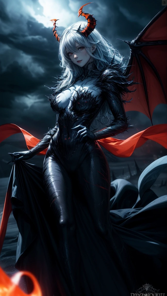 (The best quality,A high resolution,Ultra - detailed,actual),(demonic woman:1.1), blood, VISCERA, blood, war, death, hell,fiery atmosphere,ominous,scorching heat,red hot flames,devilish beauty,satanic presence,bright red eyes,gloomy shadows,dark abyss,burning souls,demonic figures,fiery wings,aura terrible,tormented spirits,tortured souls,molten lava,powerful energy,dark powers, hellscape,eternal damnation,twisted horns,demonic laughter,intense heatwave,sulfurous smoke,dark magic,enchanted fire,evil look,burning tendrils,intense heat,hell ardiente,threatening presence,supernatural screams,devilish smile,dancing flames,ominous glow,(beautiful blue eyes), (black big stones background:1.4) , (cowboy pose ), (Realistic) ,High quality 8K detailed art, Fanart Mejor ArtStation, Fantasy art style , (long white gray hair:1.4) ,(perfect anatomy )