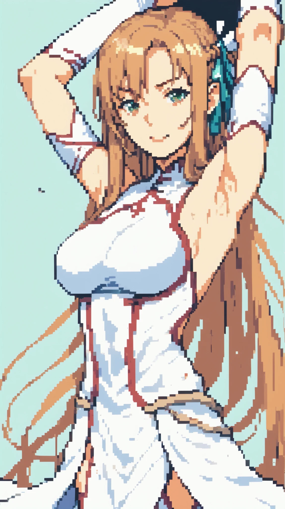 1 woman, redhead, (((long hair))), solo, perfect lighting,mature female, veins, (masterpiece, high quality:1.1), blushing, skin pale and dotted with a few freckles across her nose and cheeks, strong, veins, abs,looking at viewer, navel, (((Full nude))), (((Open pussy))), (((big tits, big and busty))), píxel art