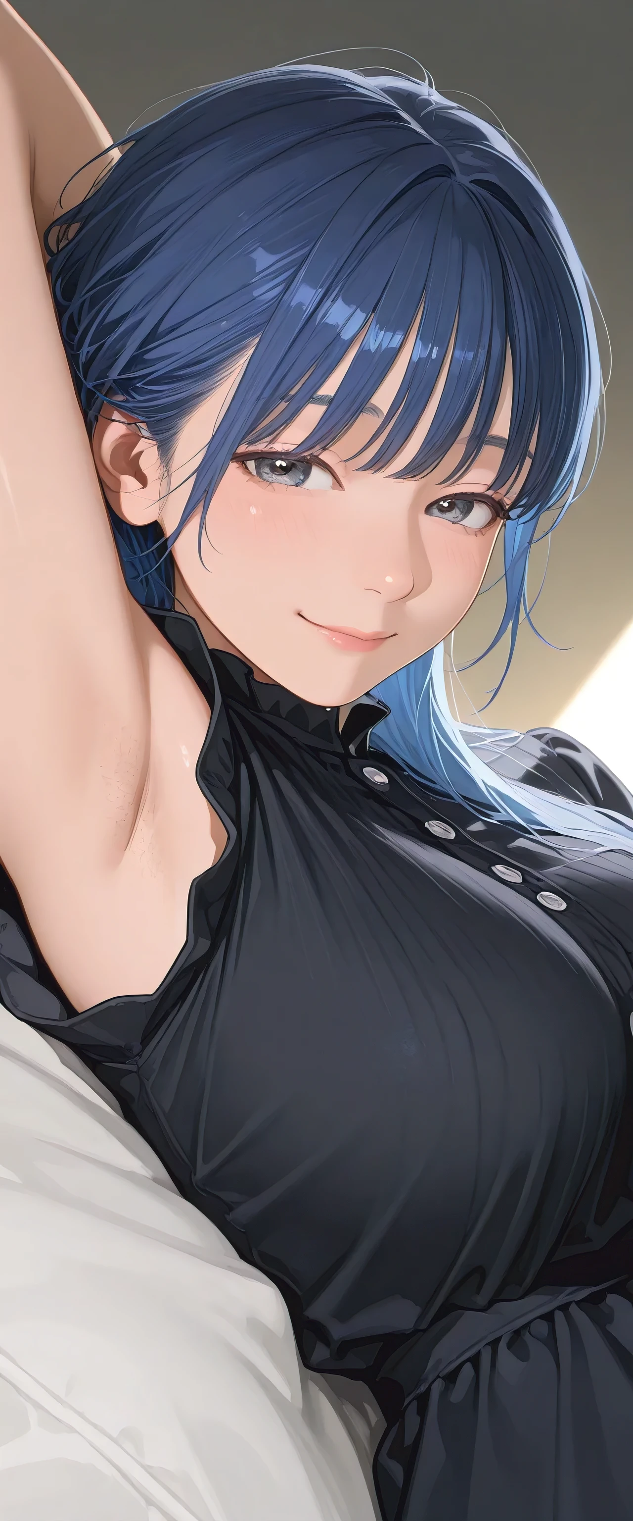 armstb,armpit stubble,Young man with long blue hair, black dress wearing a short sleeve blouse,Reclining, cold light, relaxed expression, realistic skin, subtle focus on the armpit, soft texture on the skin, seen from above, close side angle, intimate frame , faded background,big breasts,armpit with a lot of stubble of hair, romentic cute smile face.