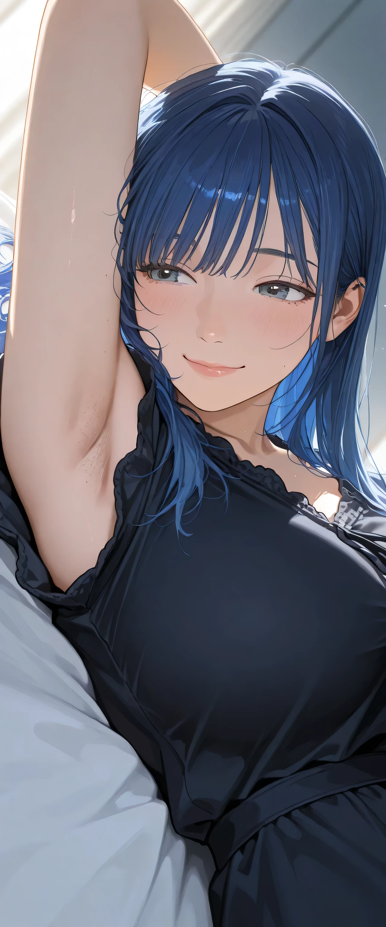 armstb,armpit stubble,Young man with long blue hair, black dress wearing a short sleeve blouse,Reclining, cold light, relaxed expression, realistic skin, subtle focus on the armpit, soft texture on the skin, seen from above, close side angle, intimate frame , faded background,big breasts,armpit with a lot of stubble of hair, romentic cute smile face.
