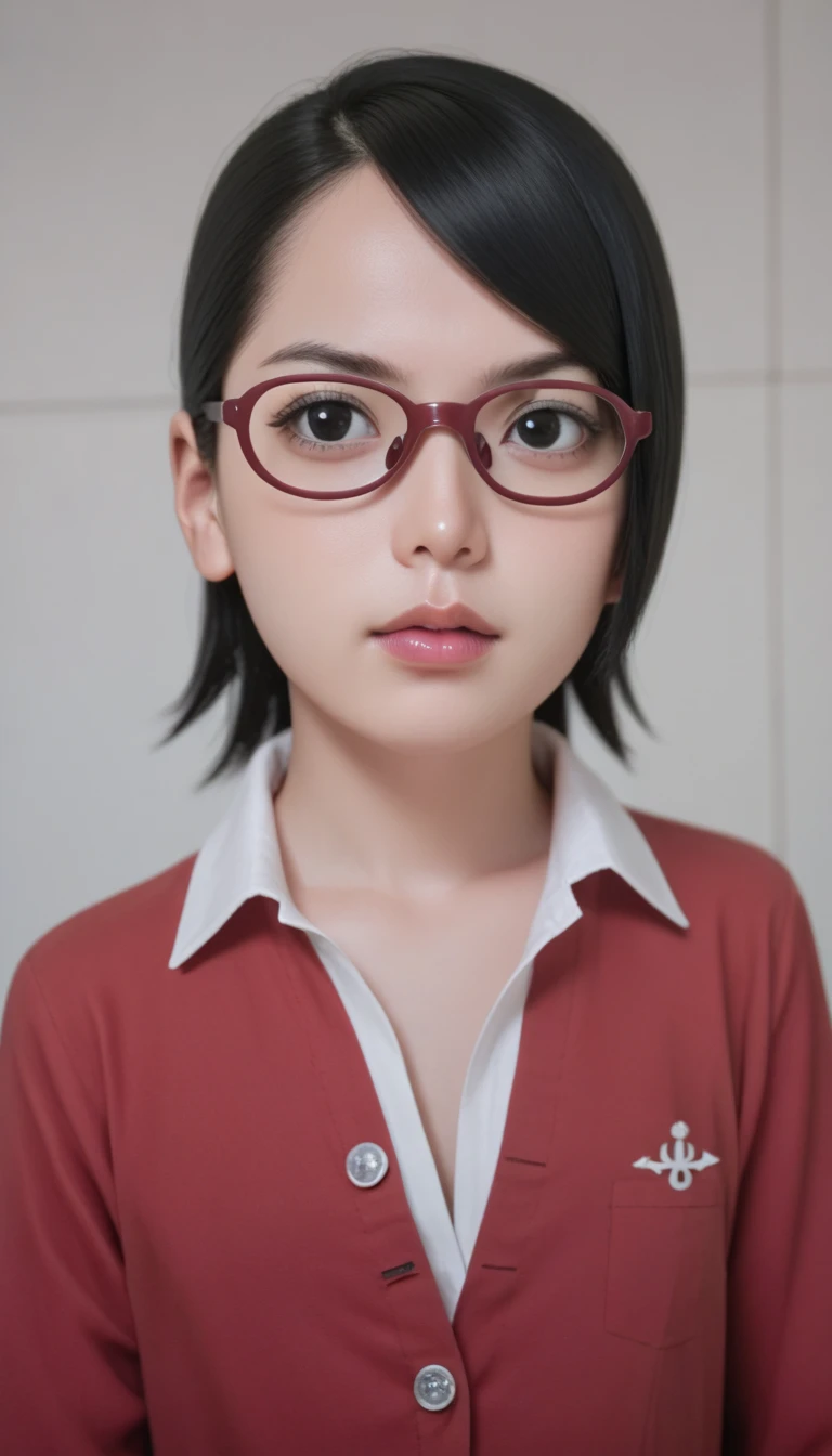 a masterpiece portrait of a beautiful young woman with a small face and angry expression, wearing red glasses , wearing a and a short skirt, in an office setting, shot with a DSLR camera, high-quality 8k UHD image with realistic skin details, detailed facial features, rim lighting, pink hair