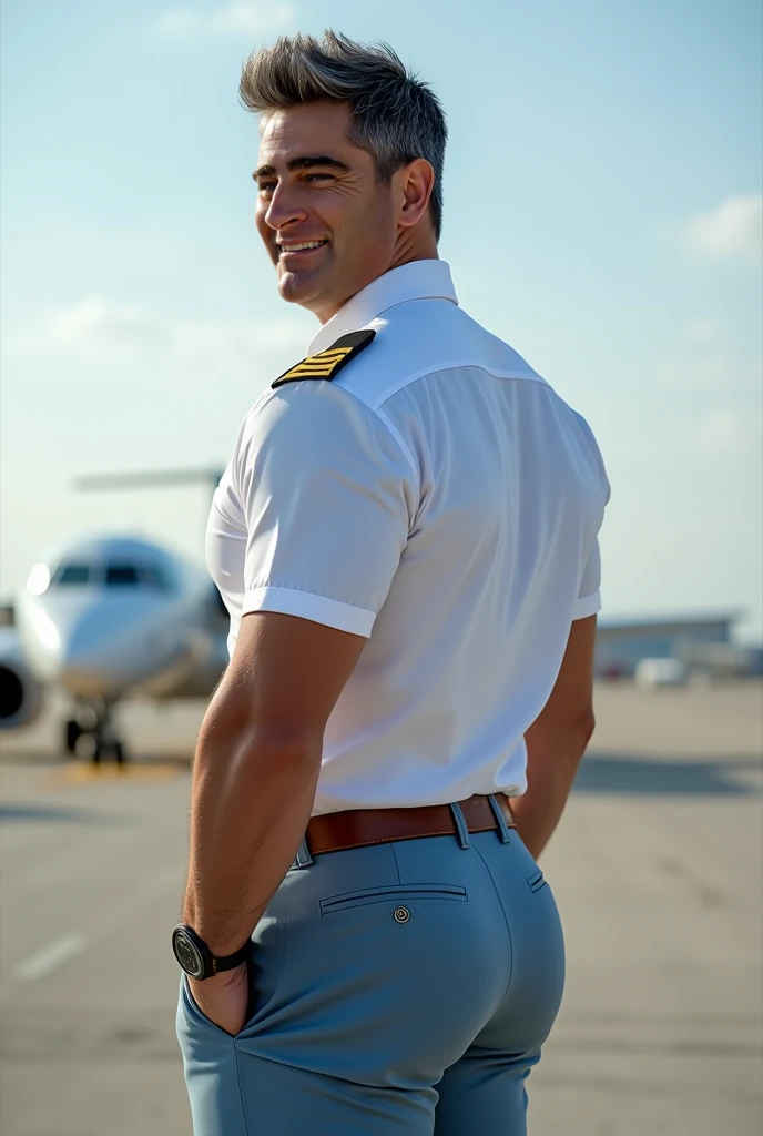 masterpiece, best quality, face, natural eyes, 1man, big feet, black socks, full body, (in suits), large bulge, long legs, looking at viewer, 30 years old, muscled and mature, pilot, pilot in uniform, reclining, short haircut, a pilot sitting with legs stretched, blue eyes,
