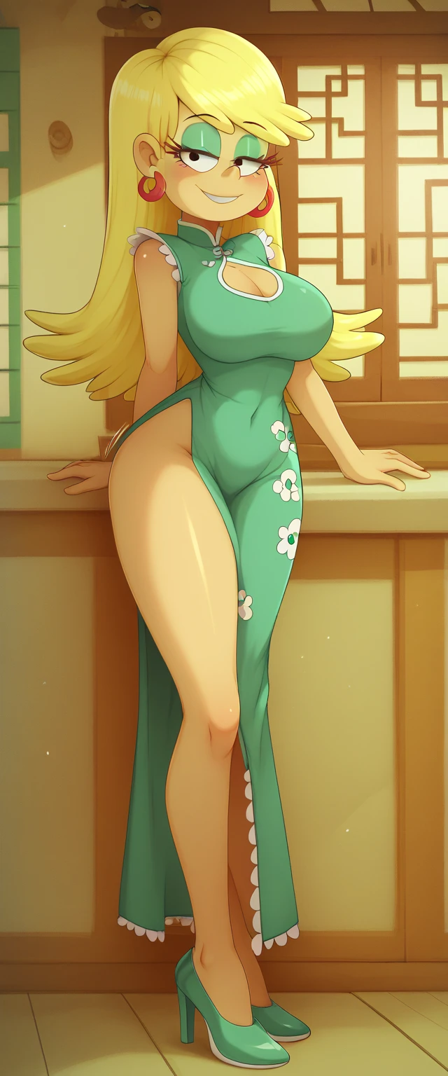 masterpiece, high res, 4k, best quality, beautiful face, detailed face, ultra-detailed, teenager, young face, blonde, long hair, ponytail, green eyes, big lips, topless, shirtless, wide hips, bottomless, nude, full body, thick thighs, perky breasts, slender, thin