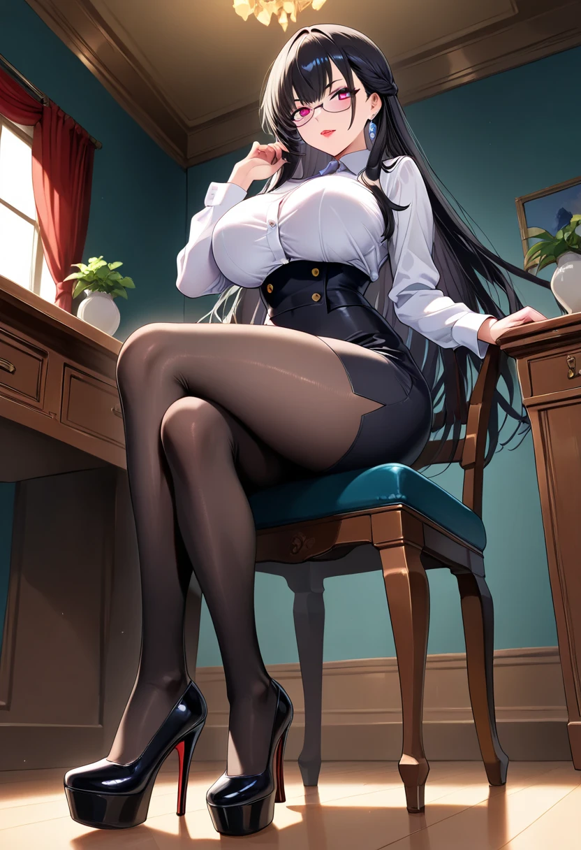 1girl, office, ((shirt)), (angry), ((hourglass figure)), black tights, (from below), looking at viewer, ((thick thighs)), ((pussy)), ((lingerie)), nipples, (sitting), (heels)