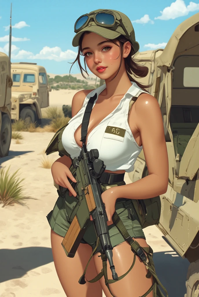 super fine illustration, ultra high resolution, masterpiece, highest quality, perfect dark skin, perfect lighting, detailed lighting, dramatic shadow, ray tracing, 1 beautiful white milf, looking at the viewer, small breasts,  exposed cleavage, beautiful detailed hazel eyes, sharp face, clear eyes, long bang, ((medium curly blond hair:1.2)), ((desert:1.2)), ((battle of desert:1.35)), ((combat helicopter:1.35)), ((Upper body:1.2)), battle suit, military harness, Alice Abernathy - Resident Evil Series, Milla Jovovich, ((holding Assault Rifle:1.5)),