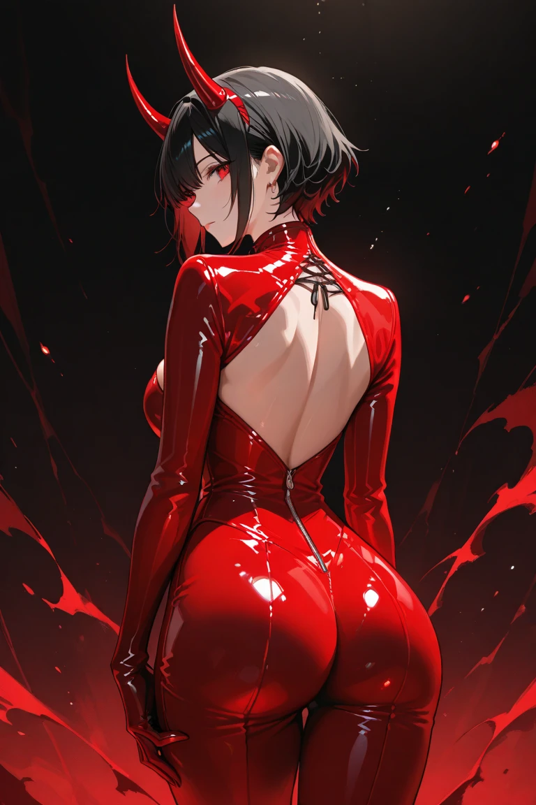 Color Splash art work, Vampirella from behind, bent over looking at the viewer over her shoulder, monochrome color scheme, extremely sheer red negligee on Vampirella, 8k