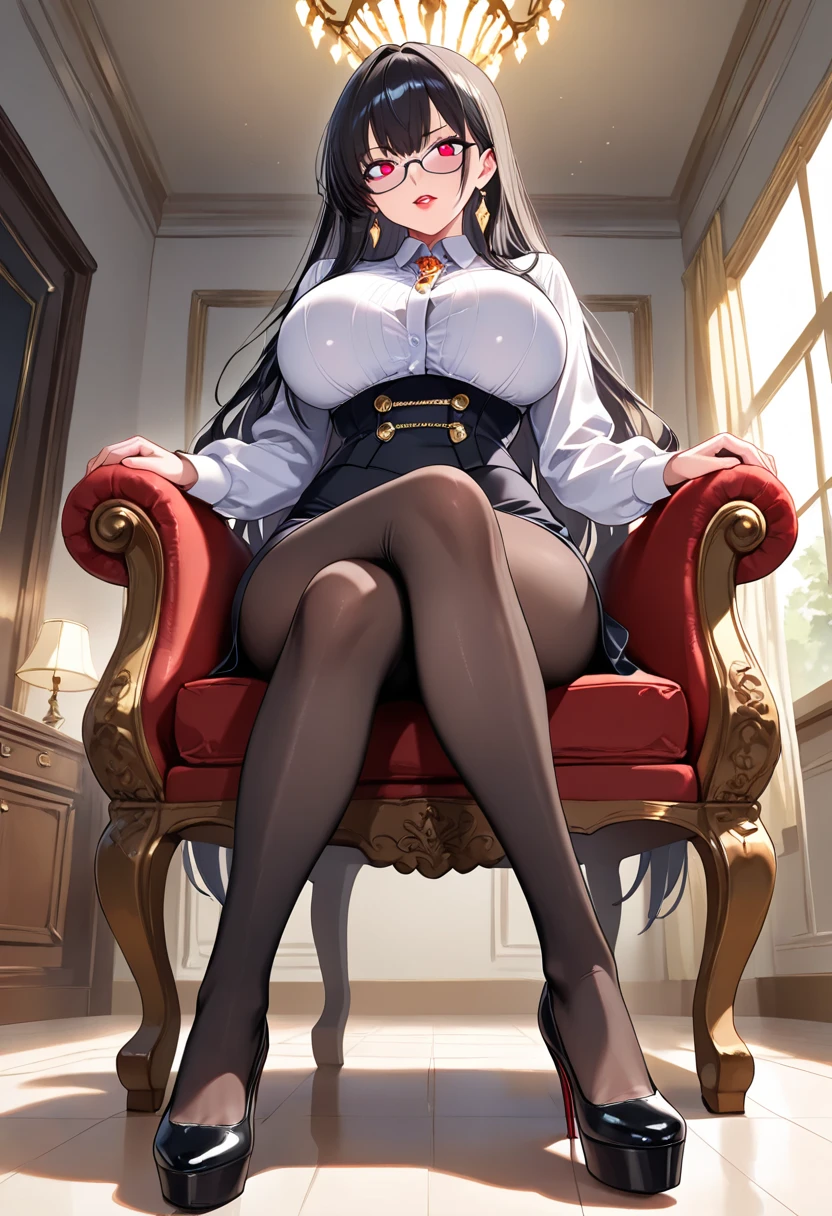 woman sexy, Masterpiece artwork, the best quality, high resolution, 8K, beautiful mature woman,  pale skin, Wear white lace lingerie, slicked black hair, blue colored eyes, long hairstyle, curvy physique, curvy body, breasts big, wide chairs, Waist slender, thick-thighs, camel toe, thigh high socks, light grey background, seducing smile,