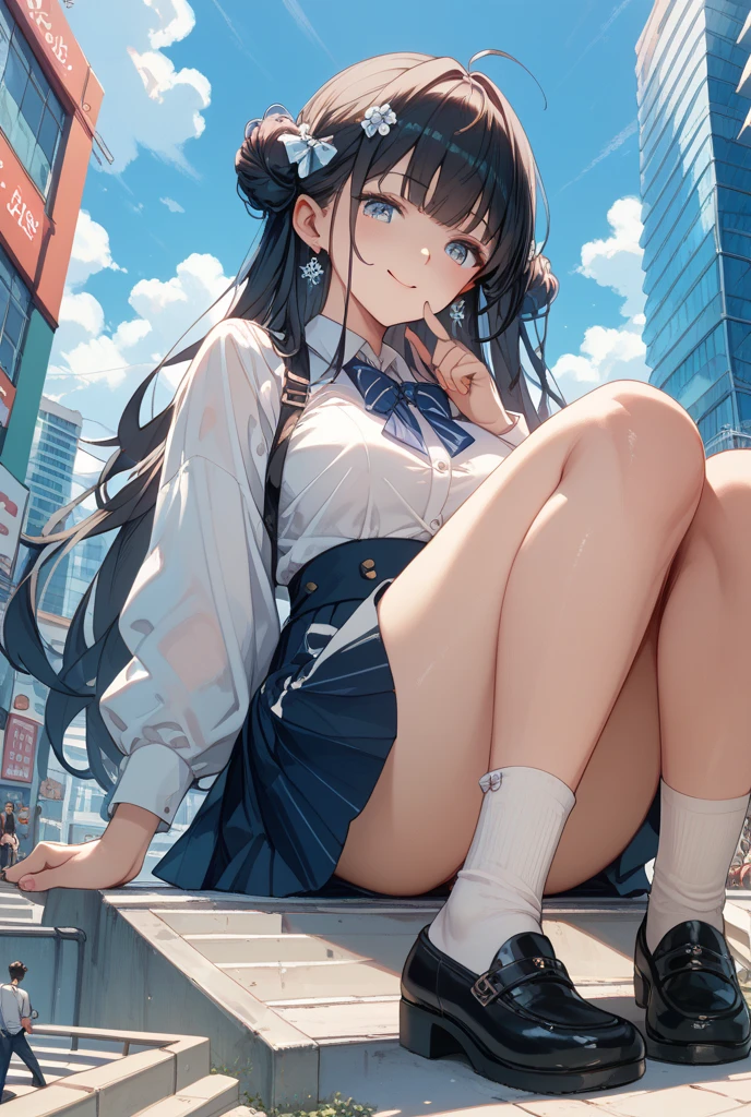 very cute and beautiful girl,(Very detailed美しい顔), (smile),blush,Black Hair,Seraphim,(White Shirt、Pleated navy blue pread your legs、Squat)、Sitting、(From below)、(Lacy white panties), Country road、Distant Tree々and the city, (Highest quality,masterpiece:1.0),Absurd,High resolution,Super detailed,Very detailed,32K,8k resolution, Intricate details,Movie Scenes,Detailed Background,alone,Dynamic Angle,
