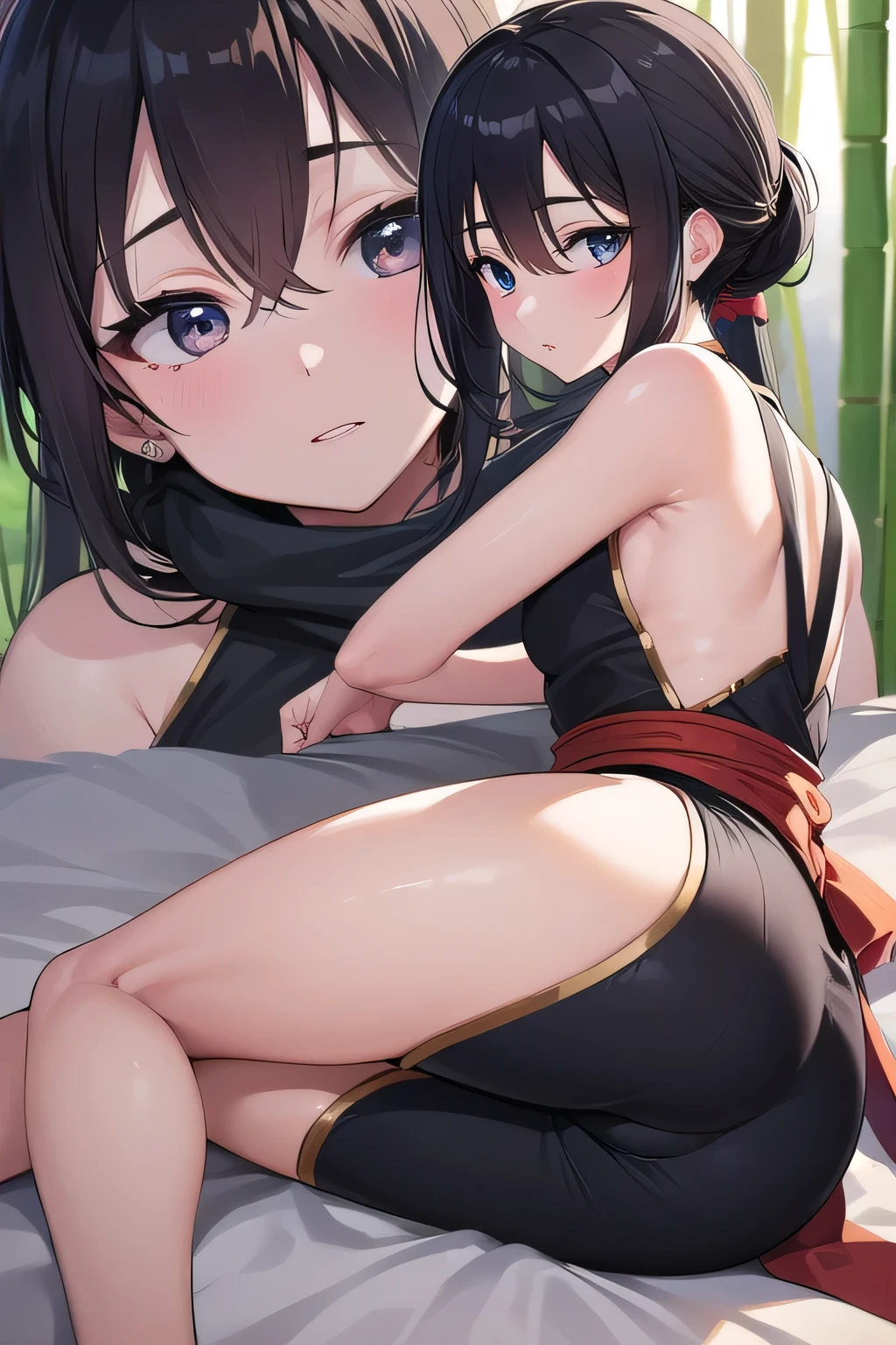 Rin Tohsaka, Rin Tohsaka, aqua eyes, Black hair, Hair Ribbon, Long hair, bow ribbon, side locks, two side up,Blake Black Skirt, (black thighhighs:1.3), Long sleeves, Miniskirt, Pleated skirt, (Red Sweater:1.3), Skirt, Sweaters, thighs thighs thighs thighs, turtle neck、looking at the viewers、 BREAK (masutepiece:1.2), Best Quality, High resolution, Unity 8k壁纸, (Illustration:0.8), (Beautiful detailed eyes:1.6), extra detailed face, Perfect Lighting, extremely details CG, (Perfect hands, Perfect Anatomy),独奏, 1 人、1 Naked Boy、Doggie style、all-fours、sex from behind、Facing the viewer、NSFW、embarrassed from、red blush