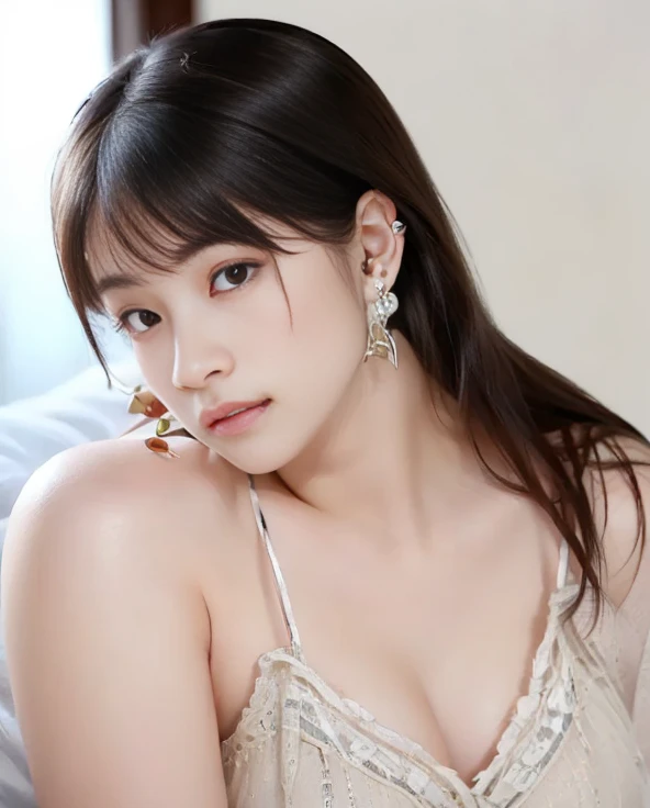 ((8k:1.27), highest quality, masterpiece, 超A high resolution:1.2)Photo Beautiful Japan woman(Comfortable:1.1) grace, good, Gradient lighting, One Girl, Delicate skin, Brown eyes, (Short hair with bangs:1.2), (Large breasts:1.0), (middle breast wheel:0.8), (Realistic:1.4), (highest quality:1.0), (超A high resolution:1.0), 8k, Raw photo, (masterpiece:0.2), (Purelos Face_v1:0.5),  All Overprint Contrast Colors Dresulti Colors, Red-brown, What can I do for you?, theme, Looking at the audience,  

3, 1 person, ((Beautiful announcer, Cute mouth:1.2)),

((Gorgeous Earrings, Long Necklace:1.2)), 
((See-through satin tank top, No bra, The shape of the nipples is visible, cleavage wide open:1.2)),
((Squatting on the bed with legs stretched out in front, My whole body is soaking wet, Open your legs a little:1.5)),
(Pay attention to the beautiful thighs:1.8), 

((Sexy atmosphere, Naughty pose, Kissing Mouth, hold out your lips, Cute and shy, Gazing intently at the audience:1.2)),
((Boyfriend's bedroom, Flirting with boyfriend, Looking up:1.5)),
((Foreplay before sex, Inserting a male organ into a female organ:1.2)), 
((Big white bed, White wall, Near a tall window, The sunlight shines in, Bright room)), 

Realistic skin texture, Fair skin, Shiny skin, Beautiful skin on legs, Beautiful feet, 
Highly detailed face, Slim face contour, Beautiful small face, Beautiful Nose, 
Ultra-detailed eyes, Slit eyes, Brown eyes, double eyelid, Ultra-thin eyebrows, Thin, long eyelashes, 
Ultra-detailed lips, Plump and moisturized lips, Glossy pink lips, Flushed Cheeks, 
Beautiful actress&#39;s languid make-up, Pink lipstick, Smoky eyeshadow, Eye foundation, 
Dark Brown Hair, Delicate soft hair, Hair blowing in the wind, 
(Elegantly putting your hair up, Medium Short Hair, ponytail:1.2), 
Layered Cut, (Blunt bangs:1.2), 
((Mouth slightly open to reveal white teeth, Stick out your tongue a little)), Body facing forward, 


((Raise your face slightly)),
((Squinting)), 
((pursing lips:1.2