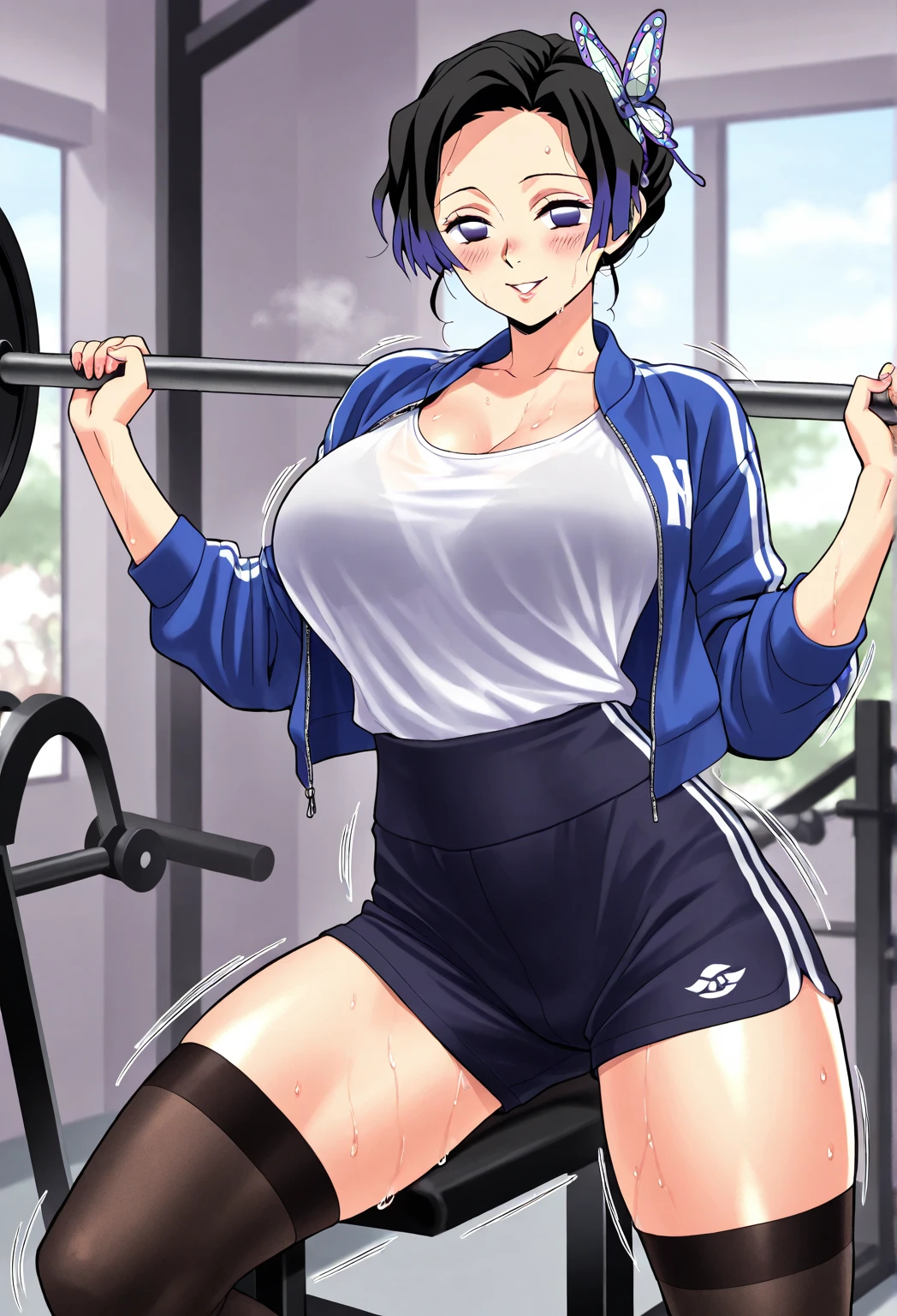 Adult Female, alone, very short hair, buzzed sides, Pixie cut hairstyle, black hair with thin red highlight, orange irises, mature, medium breasts, toned body, well defined abs, mischievous grin, gym, white sports bra, thin compression shorts, thunder thighs, futanari penis bulge in pants, dickgirl, no nudity, no exposed body, high detailed, high quality, best quality, perfect irises, perfect hands, perfect fingers