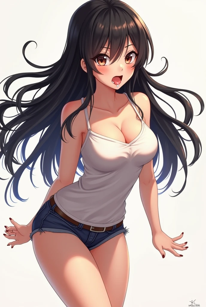 An anime girl with a ripped blouse and tongue out looking up, with milk in my mouth wearing just my underwear