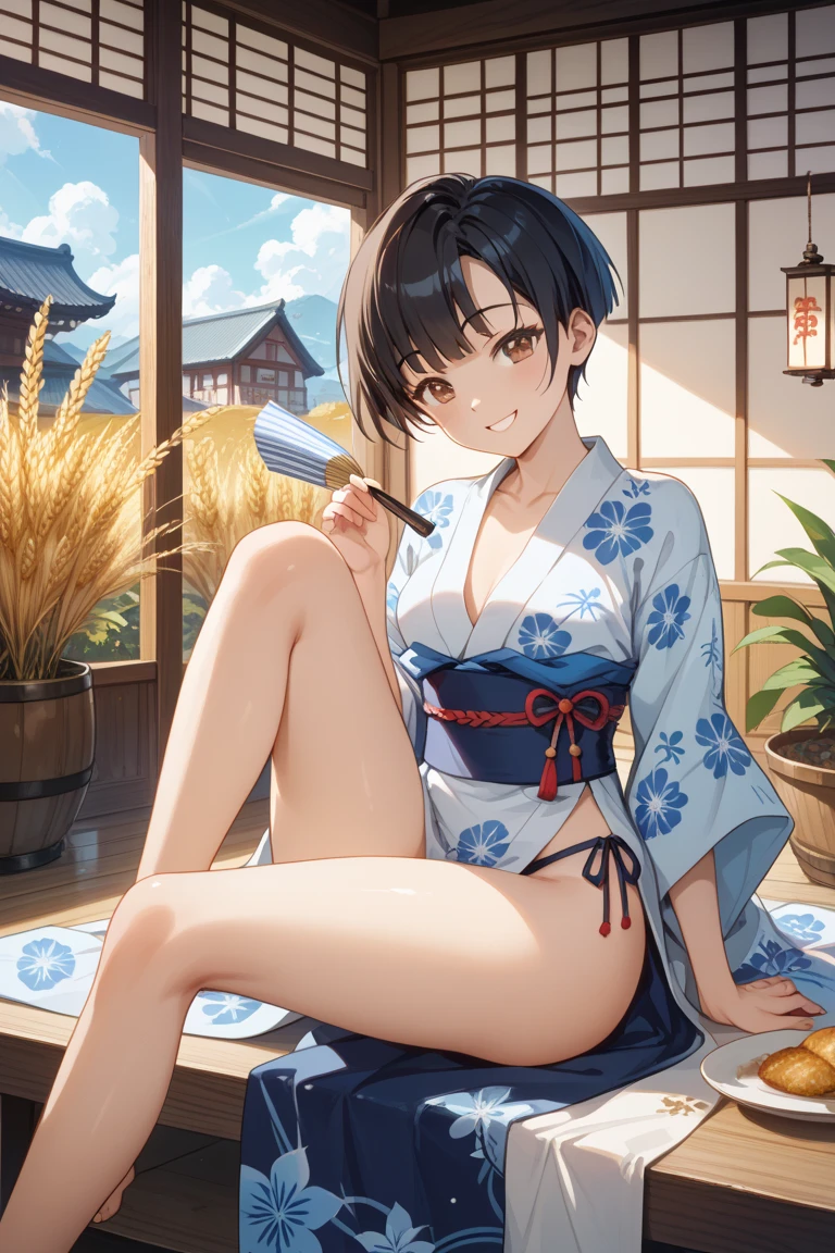 top-quality、Full limbs、complete fingers、Slender beauty、bob cuts、hime-cut、White Shousk swimsuit、Sukusui、Small eyes、Flying in the sky、mid air、Japanese pattern、japanese-inspired、No kimono