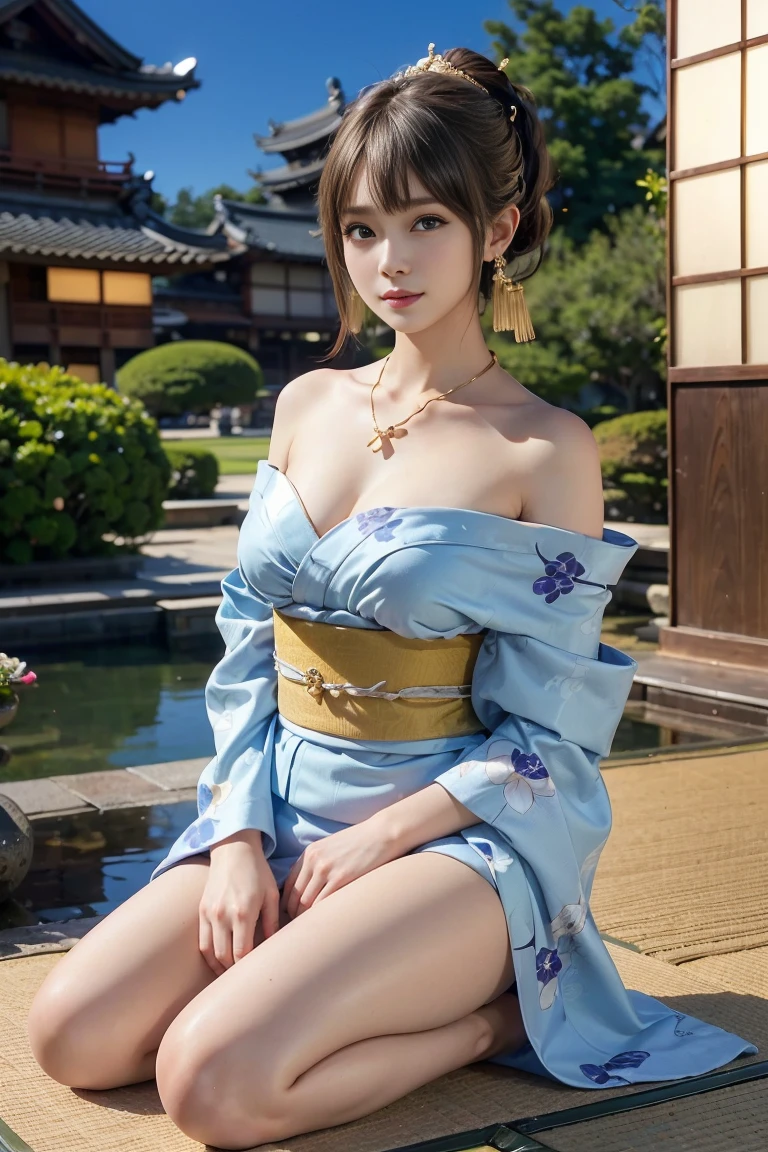 (RAW shooting:1.5, Photoreal:1.5, 8k, highest quality, masterpiece, ultra high resolution), Japan, world of magic and swords, perfect dynamic composition:1.2, Mysterious:1.3, Highly detailed skin and facial textures:1.3, cute and sexy slim female samurai, beautiful and aesthetic:1.2, cute and sexy beauty, perfect style, wear elaborate rings, Holding a Japanese sword:1.3, fire, water, wind, thunder, ice, Fair skin, very beautiful face, (Medium chest, Chest gap), (embarrassing smile, The expression on your face when you feel intense caress, Facial expression when feeling pleasure), (wear kimono sexy:1.1, off shoulder), (beautiful blue eyes, Eyes that feel beautiful eros:0.8), (Too erotic:0.9, Bewitching:0.9), full body shot, Japan castle in the background、(The perfectly correct hand:1.1), (Detailed eyes and face:1.2、Professional photography techniques), ((Tiny and slim waist:1.2))、(Slender body line)、(Perfect Anatomy:1.2)