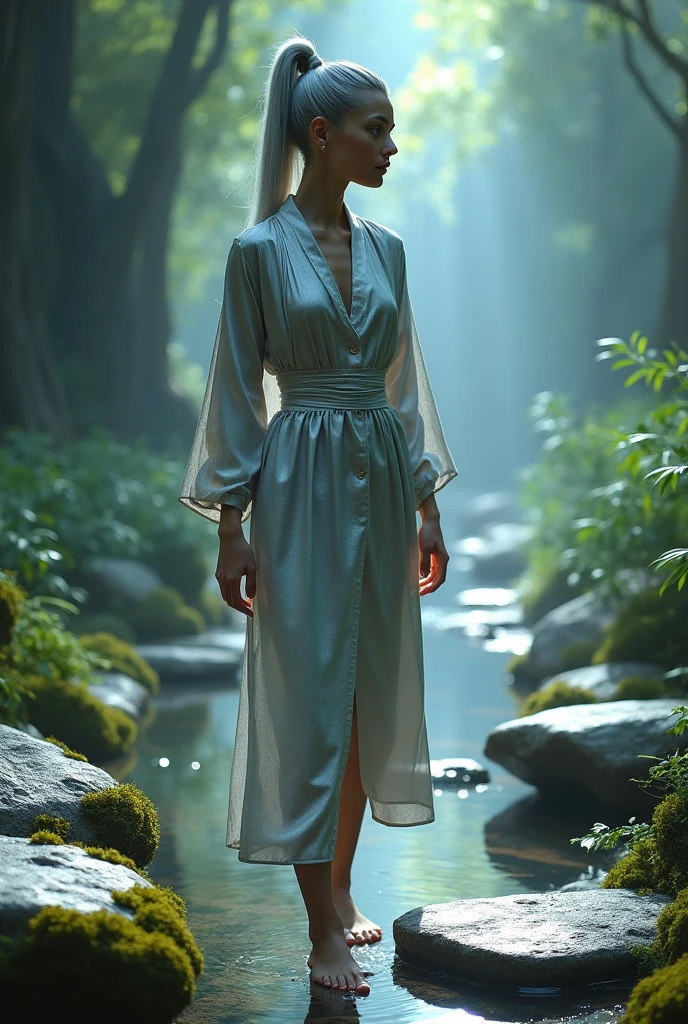 An elegant woman in ethereal linen robes walks through a misty forest in the morning sunlight