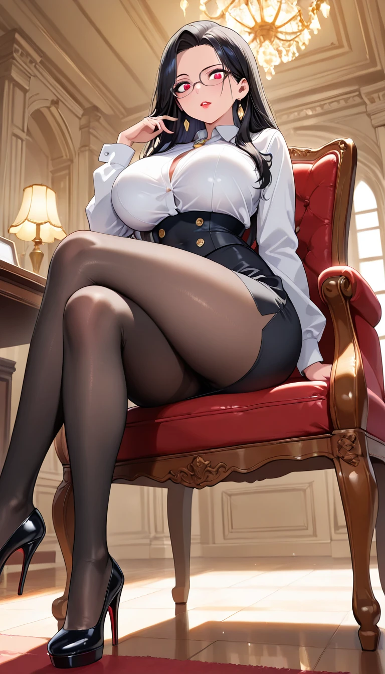 anime (mato seihei no slave), female adult , sexy (very big tits), actress (Fukuma) , yellow eyes, black skin , white long that is hip / past hip length, white female military uniform, She sits on the throne of a god on the battlefield.