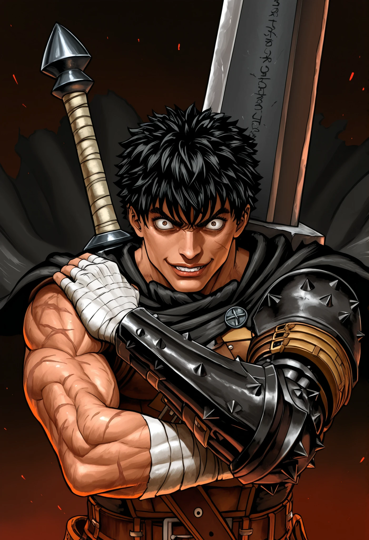 very far away view, Masterpiece, High resolution, Absurds, The newest, mid-side view, 1 , \(berserk\),capa negra,black cloak on the back,armadura leather,blade belt,leather,bandages on the hand,metallic arm,metal prosthesis, Muscular, looking at the viewer, darkness \(expression\), Risa sycopata, crazy face, Lips, Nose, scar, short hair, black hair, dynamic pose,movimiento dinamico con la sword, sword al hombro, upper body, (huge sword, huge weapon:1.2), (Dragon Hunter \(sword\):1.2),Male male ,male approach,Gatsu de Berserk