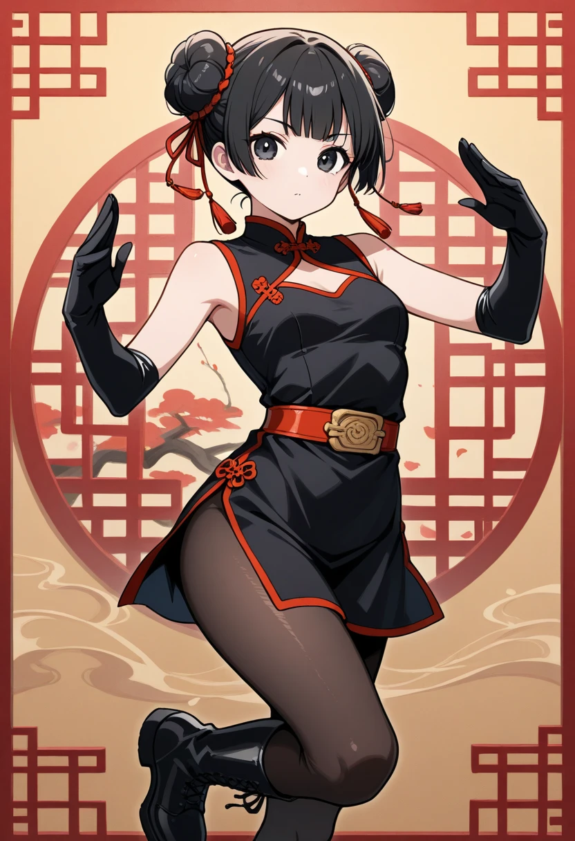 masterpiece, masterpiece,best quality,official art,extremely detailed CG unity 8k wallpaper, best quality, game_cg, girl, short hair, black hair, double_bun, smirk, grey eyes, large breasts, black pantyhose, high heels, fighting_stance, leg_lift,red High split cheongsam long