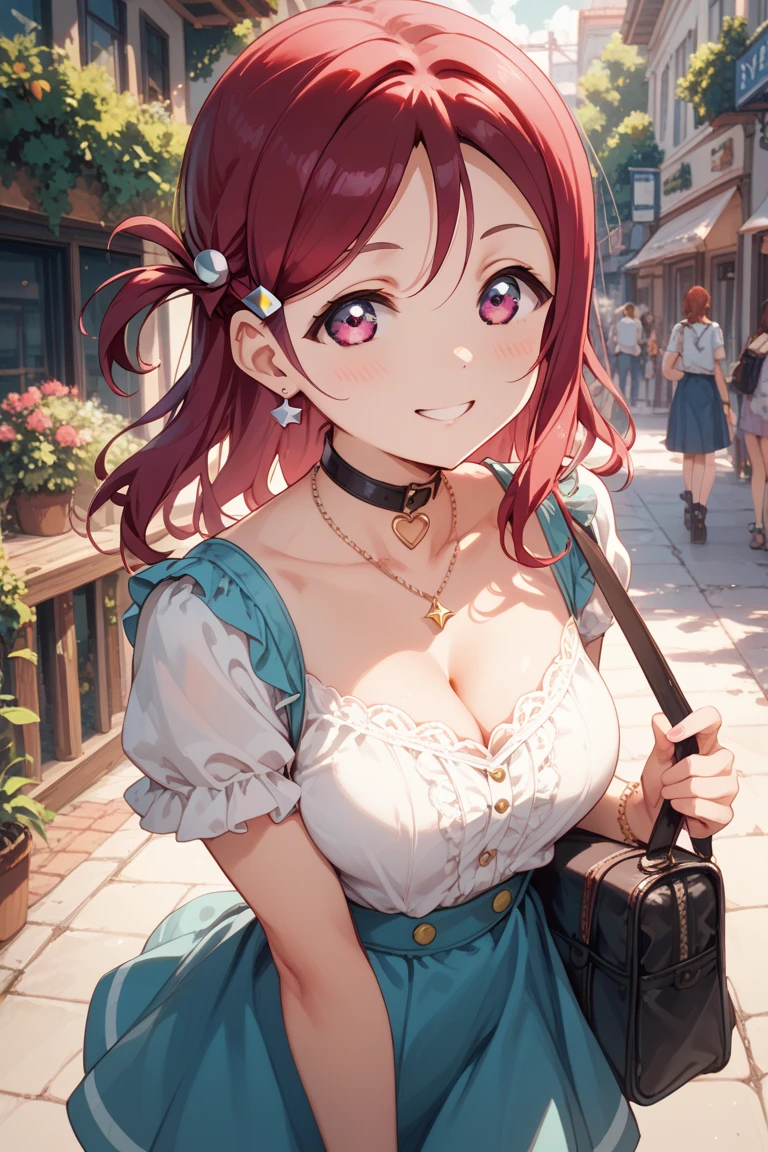 A woman with average height, with a curvy build; curly red hair; blue eyes; freckled face; a perpetually cheerful smile; soft breasts; at a farmer's market; biting lower lip; wearing vintage clothing; soft blur background, clear complexion