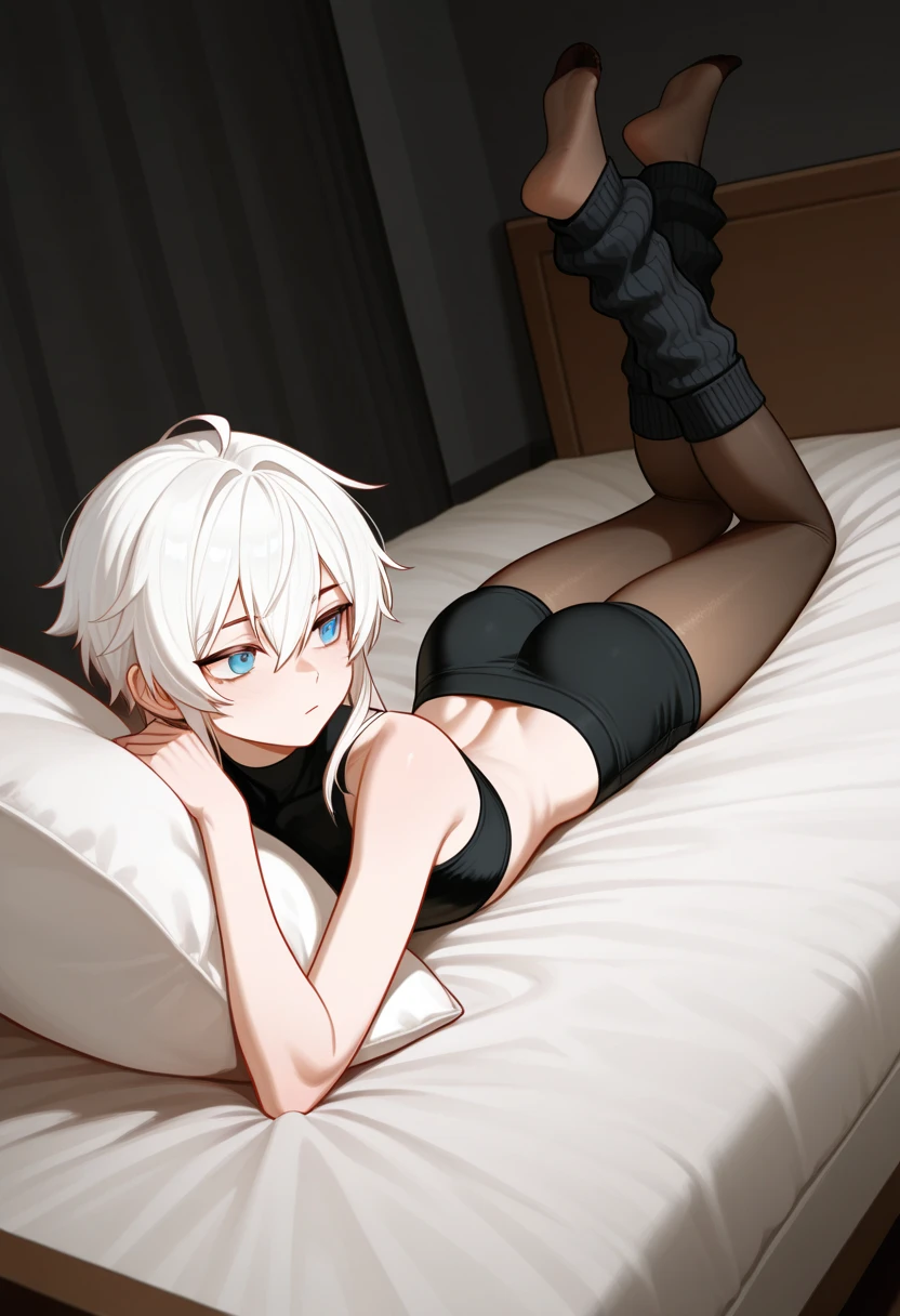 White haired girl, black crop top bikini, laying in bed
