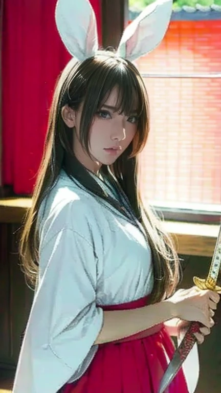 (Holding (Japanese Long Sword:1.3)), (The blade glitters), (Holding sword sheath) 、(Stance of swordsmanship)、(1 girl)、Bob Hair、Brown Hair、Medium breast、Chinese clothing:1.3、Temple precinctasterpiece:1.2、Raw photo quality、Highest quality)、Beautiful face、Anatomically correct limbs、Anatomically correct body、