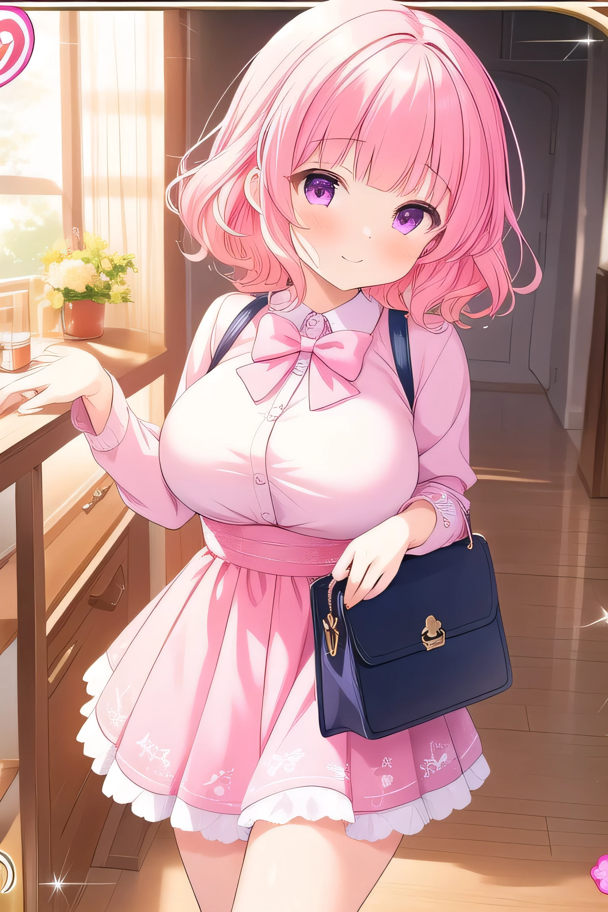 (masterpiece, best quality), highly detailed background, perfect lightingbest quality, nittamoeka, solo, indoors, pink hair, hair bow, pink bow, curly hair, short hair, purple eyes, pink eyes, large breasts, white shirt, black short pants, smile, tall adults, beautiful, fully shoulders, on store, sexy, sleeping floor, jacket, flirt me,