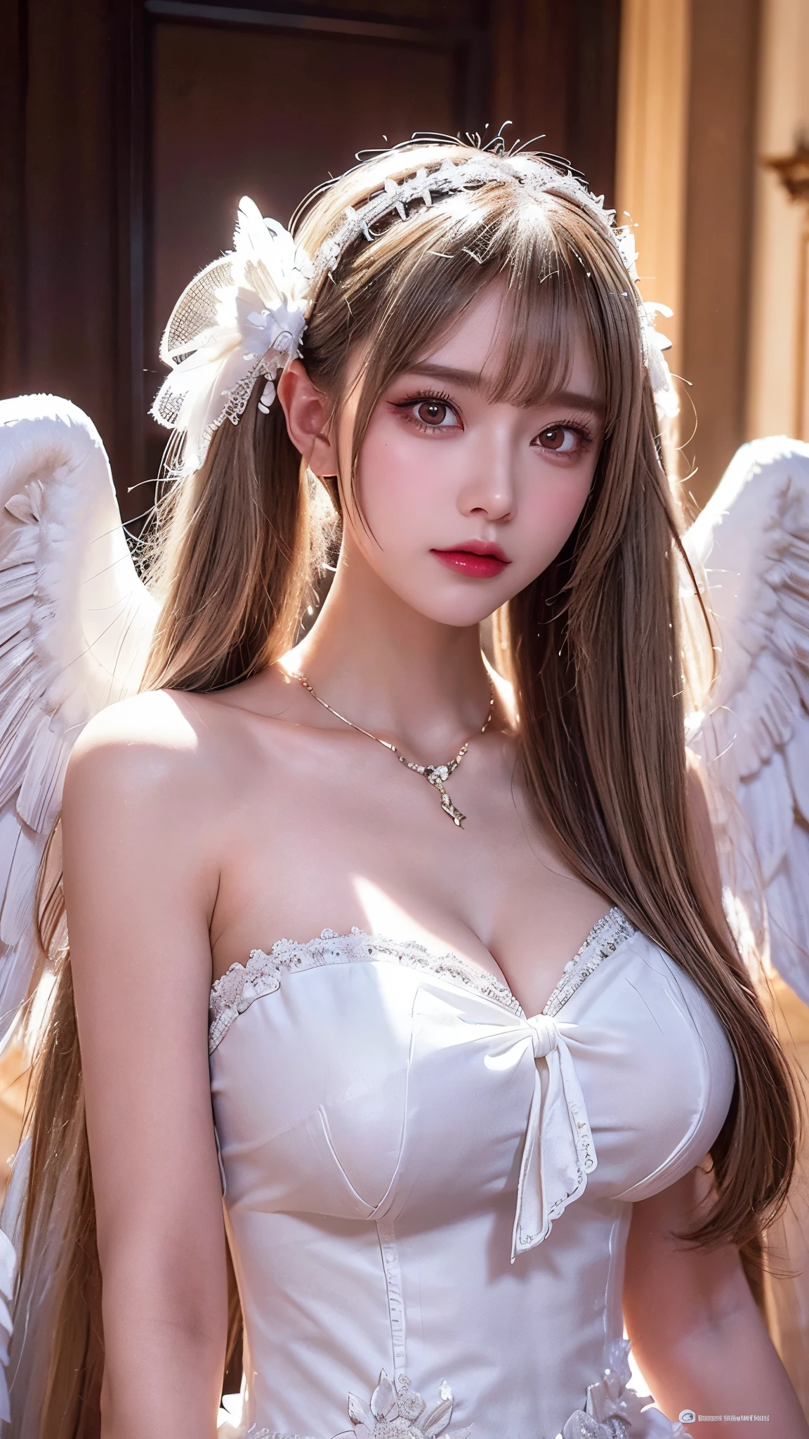 ((Highest quality、8k、masterpiece:1.3))、((Photorealistic、Perfect body line:1.4))、((18-year-old super beautiful woman、One woman only:1.4))、((Highly detailed face, skin texture and beautiful eyes、Highlight of light-colored eyes、Light shines in the eyes:1.4))、((She has a well-proportioned body like a gravure idol and big breasts.、Super long brown hair that is almost blonde:1.5))、((An angelic costume with fluffy wings、tiara、Stylish metal arm rings、Jewels and luxurious decorations:1.3))、、((Super beautiful, translucent skin:1.3))、((Gal makeup:1.3))、((The interior of a luxurious restaurant、Face clearly visible:1.3))
